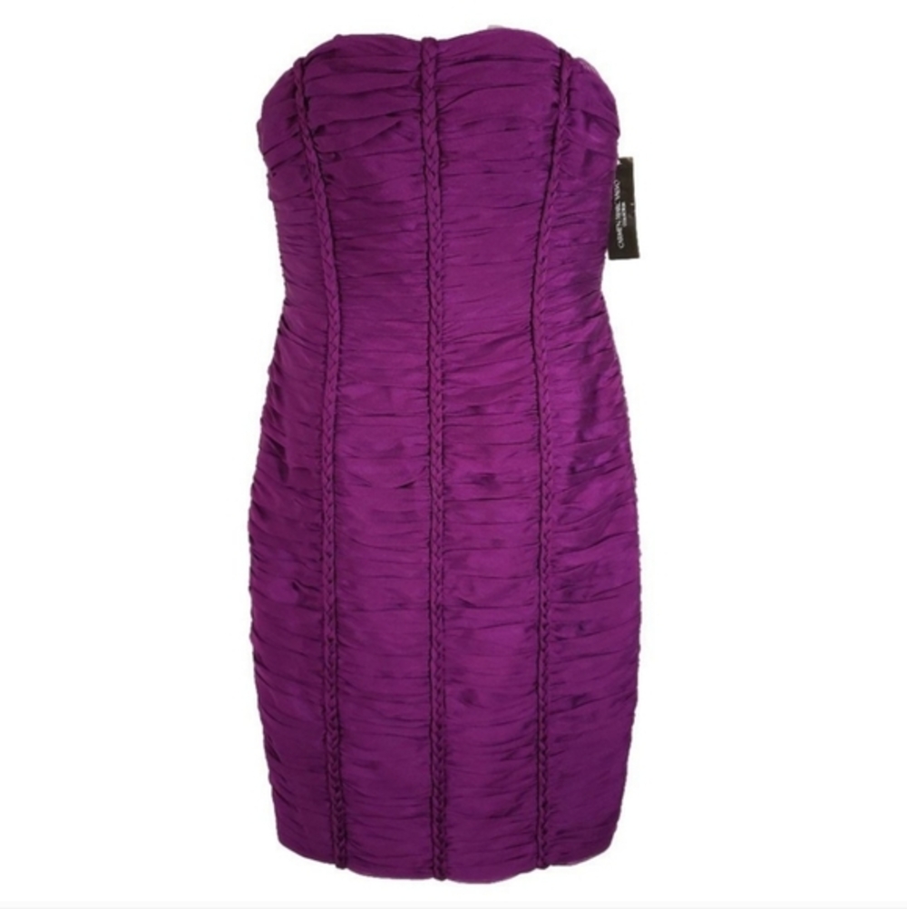 Carmen Marc Valvo 100% Silk‎ Purple Bandage Bodycon Strapless Dress Size 4 New!